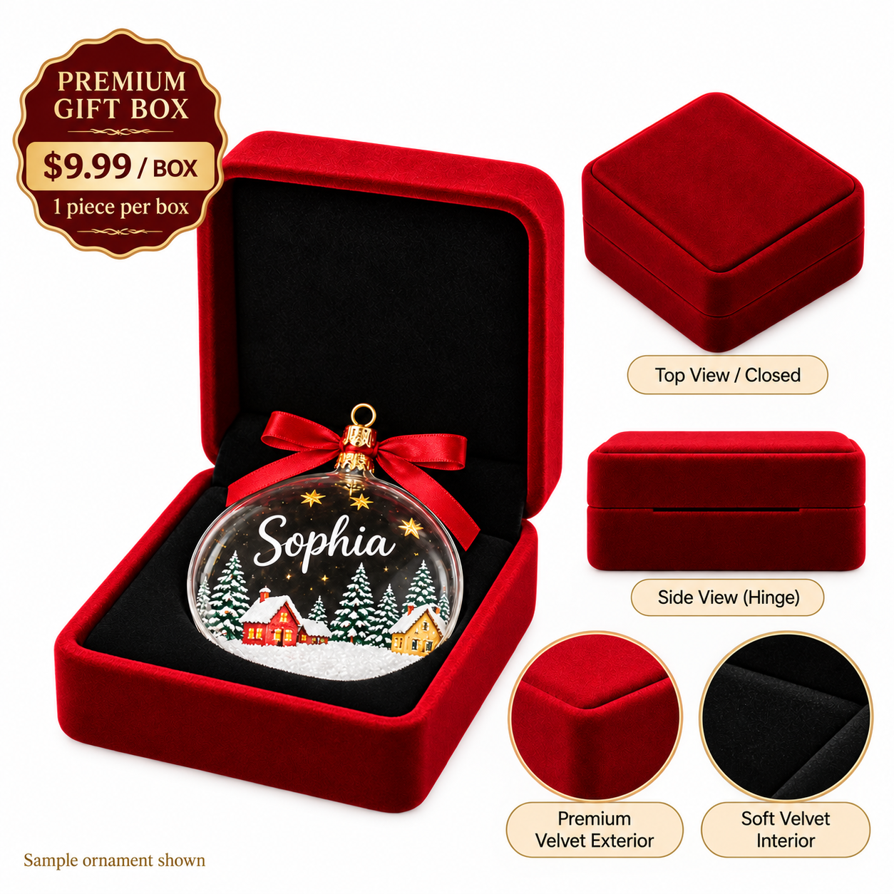 Optional red velvet premium gift box for $9.99 each, one ornament or keychain per box