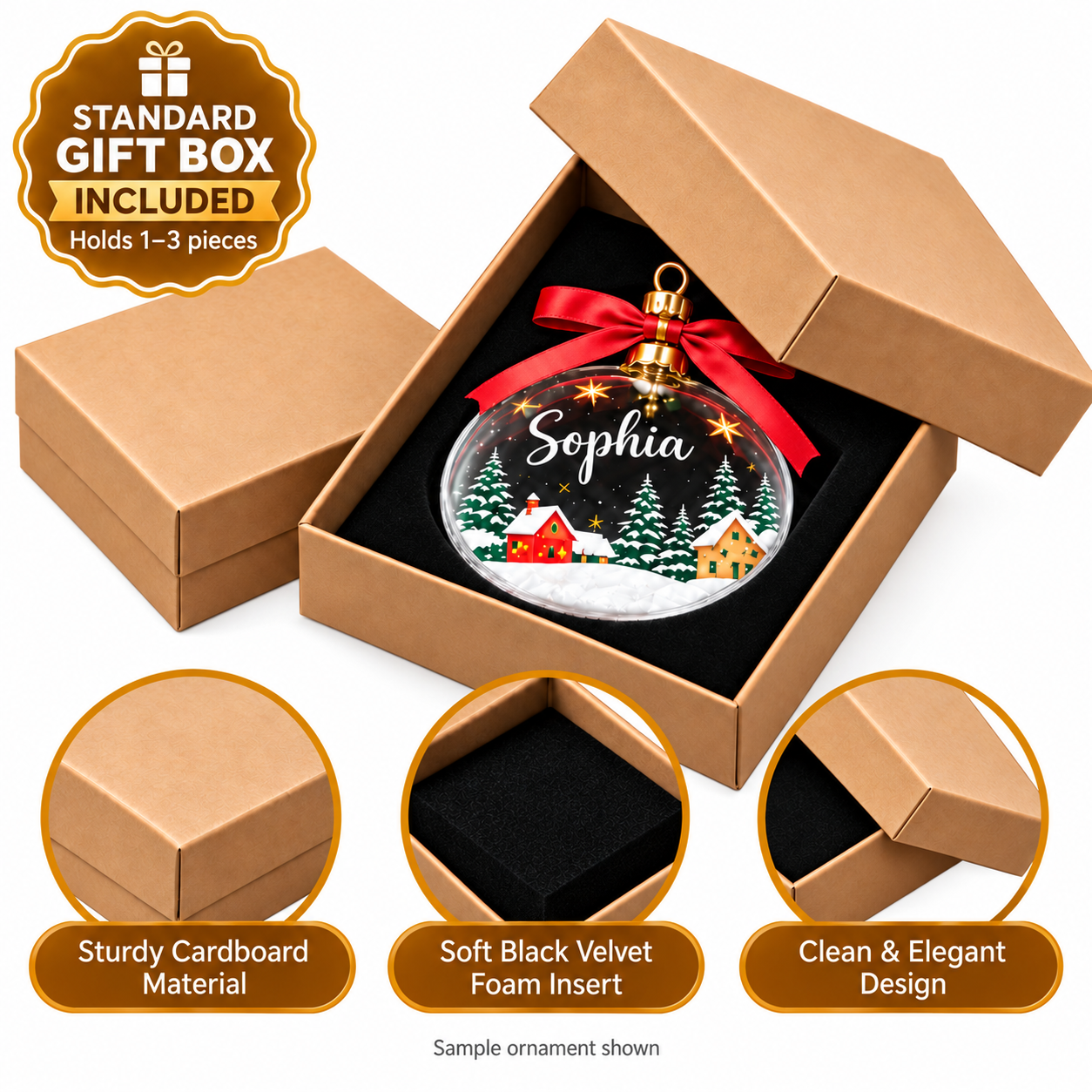 Standard kraft gift box included in the product price, holding 1 to 3 ornaments or keychains