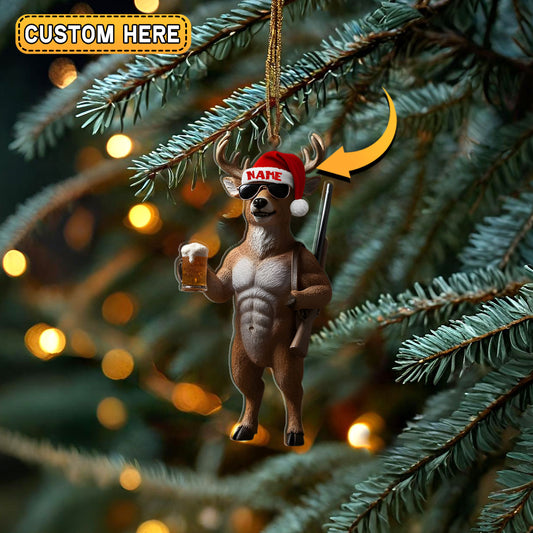 MollyTee Deer Hunter Muscle Santa Hat Beer Mug Personalized Name Christmas Ornament - image 2