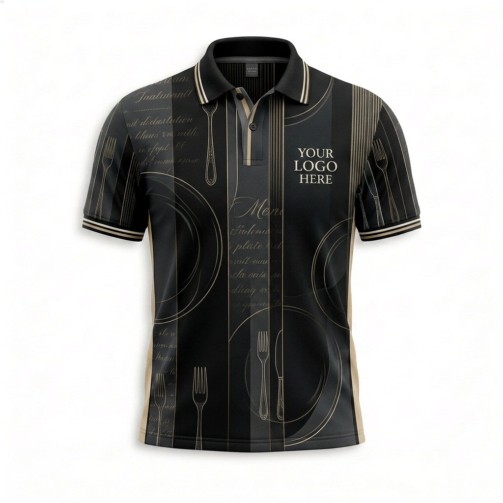 Custom Black Fine Dining Menu Restaurant Uniform Shirt - Front