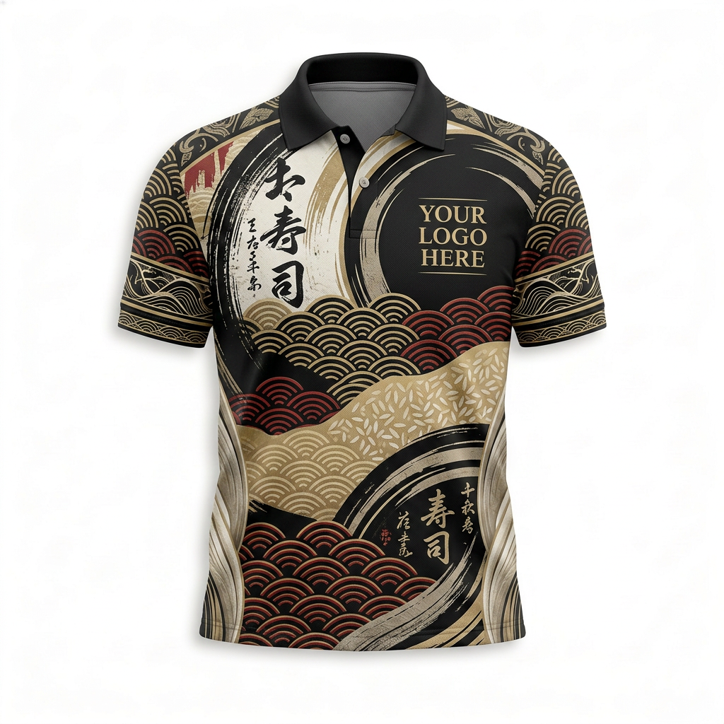 Custom Japanese Sushi Wave Restaurant Uniform Shirt - Front
