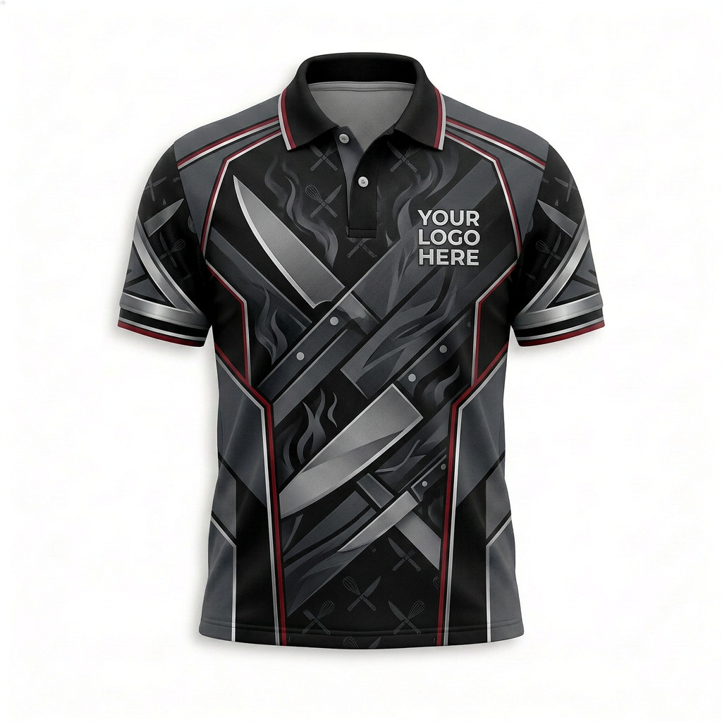 Custom Black Chef Knife Restaurant Uniform Shirt - Front