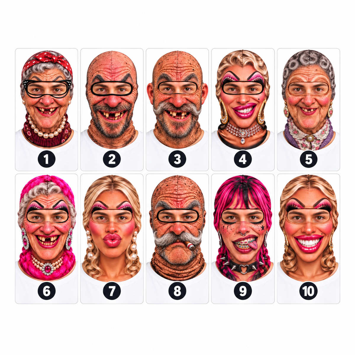 MollyTee Funny Ugly Face Ski Mask Big Nose Missing Teeth Braces & Piercing Expressions Realistic Face Balaclava (10 Faces)