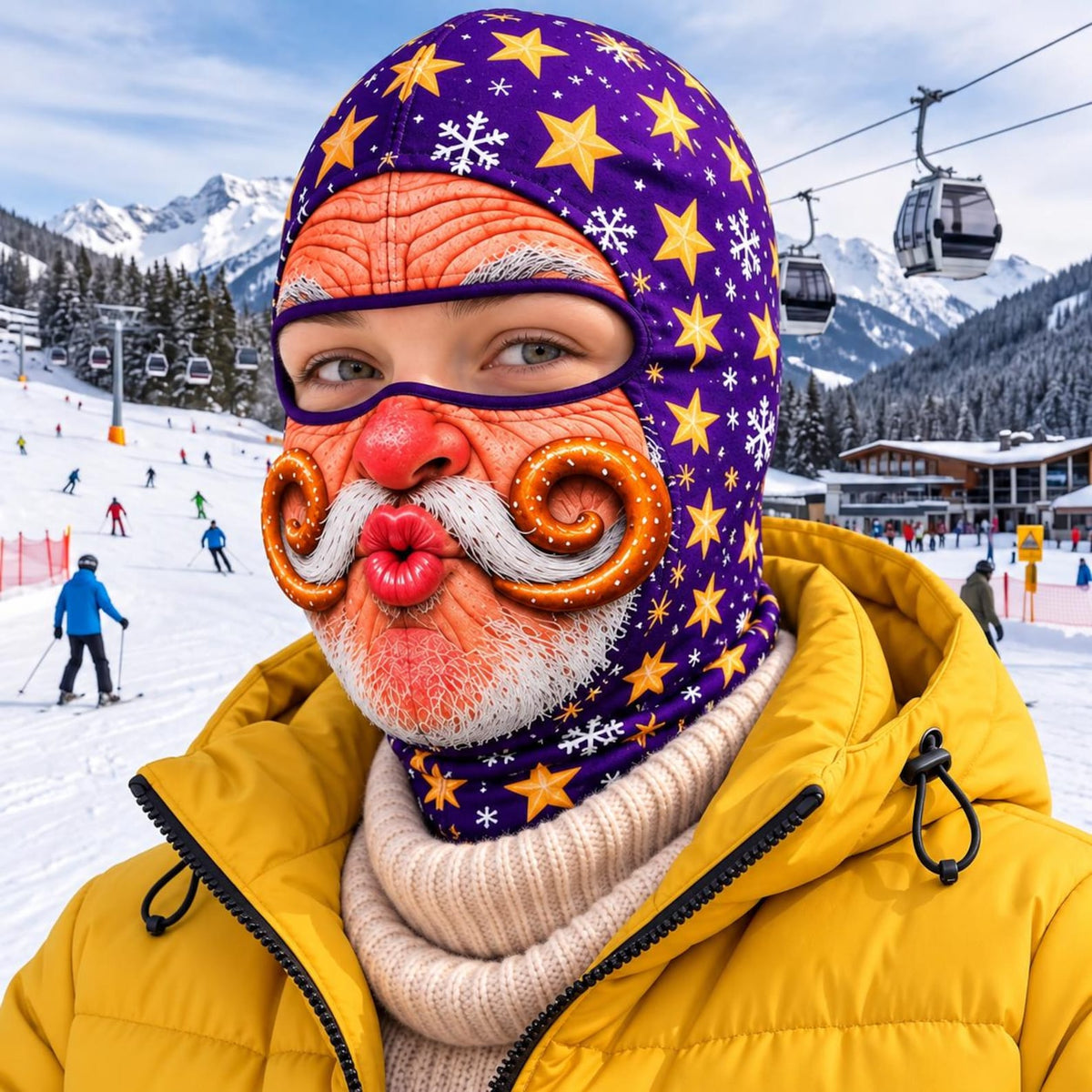 MollyTee Funny Christmas Santa Face Ski Mask Crazy Mustache Big Smile Tongue Out & Grumpy Expressions Snowflake Holiday Print Full Face Balaclava