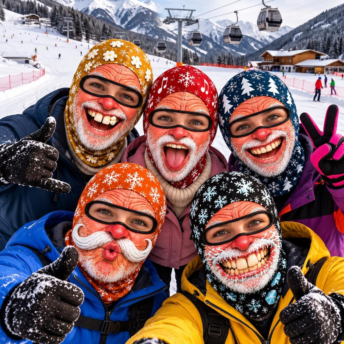 MollyTee Funny Christmas Santa Face Ski Mask Crazy Smiling Mustache & Tongue Out Snowflake Holiday Print Full Face Balaclava (5 Faces)