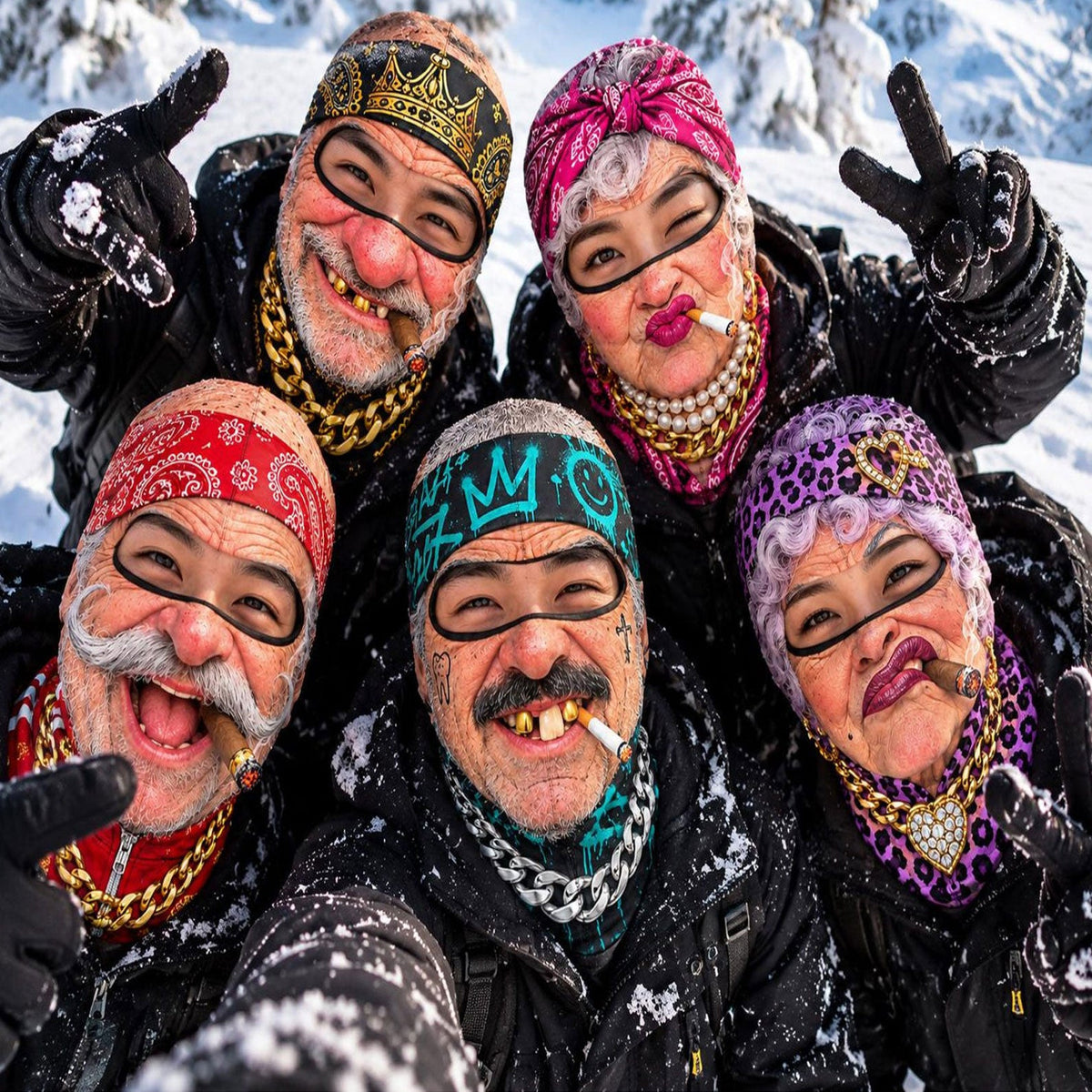 MollyTee Funny Gangster Old Man & Grandma Face Ski Mask Gold Chains Cigars Missing Teeth & Hip Hop Expressions Full Face Balaclava (5 faces)