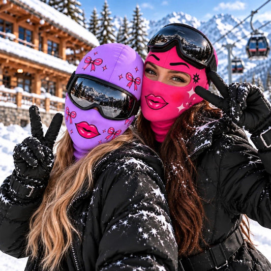 MollyTee Funny Girly Face Ski Mask Pink Purple Lips Bows & Sparkles Print Full Face Balaclava – Women's Winter Skiing Snowboarding Face Cover