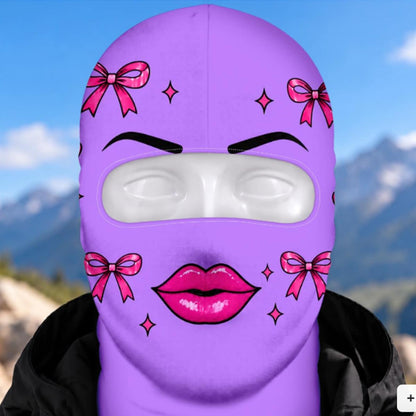 MollyTee Funny Girly Face Ski Mask Pink Purple Lips Bows & Sparkles Print Full Face Balaclava – Women's Winter Skiing Snowboarding Face Cover