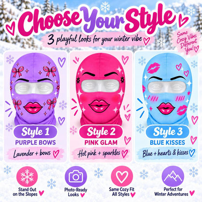 MollyTee Funny Girly Face Ski Mask Pink Purple Lips Bows & Sparkles Print Full Face Balaclava – Women's Winter Skiing Snowboarding Face Cover