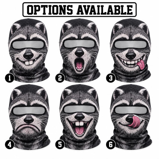 MollyTee Funny Raccoon Face Ski Mask Cute Animal Expressions Smiling Shocked Grumpy & Tongue Out Full Face Balaclava (6 types)