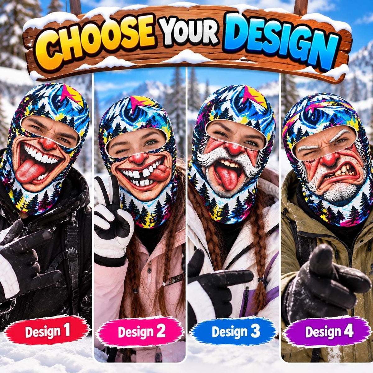 MollyTee Funny Ugly Face Ski Mask Crazy Tongue Big Teeth Grumpy Old Man & Mustache Expressions Colorful Graffiti Full Face Balaclava
