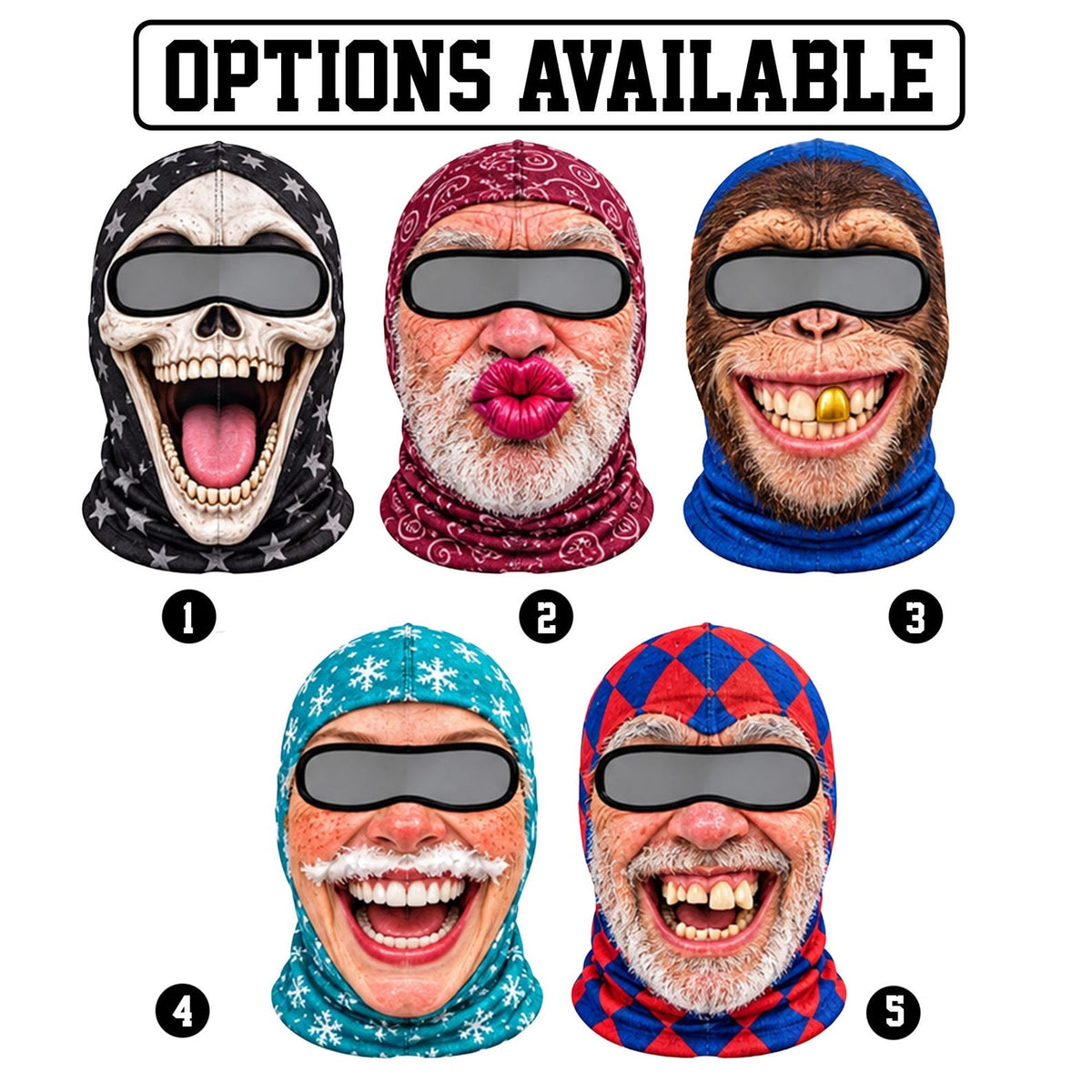 MollyTee Funny Crazy Face Ski Mask Skull Monkey Big Lips Santa Beard & Hilarious Expressions Full Face Balaclava (5 faces)