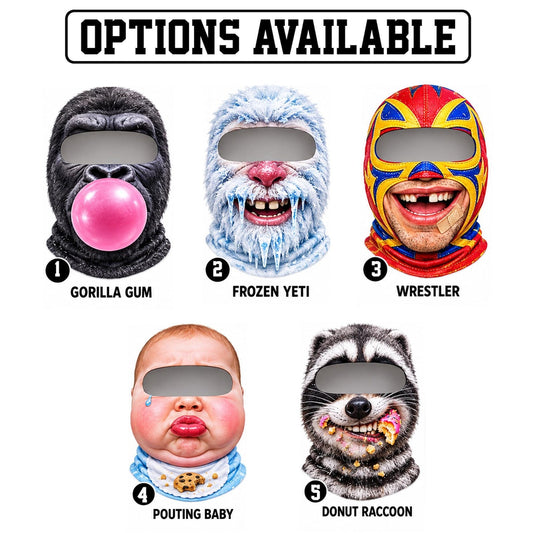 MollyTee Funny Crazy Face Ski Mask Gorilla Bubblegum Snow Monster Baby Face Raccoon & Lucha Libre Full Face Balaclava (5 faces)