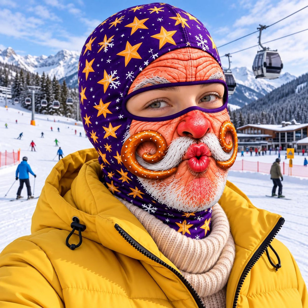 MollyTee Funny Christmas Santa Face Ski Mask Crazy Mustache Big Smile Tongue Out & Grumpy Expressions Snowflake Holiday Print Full Face Balaclava