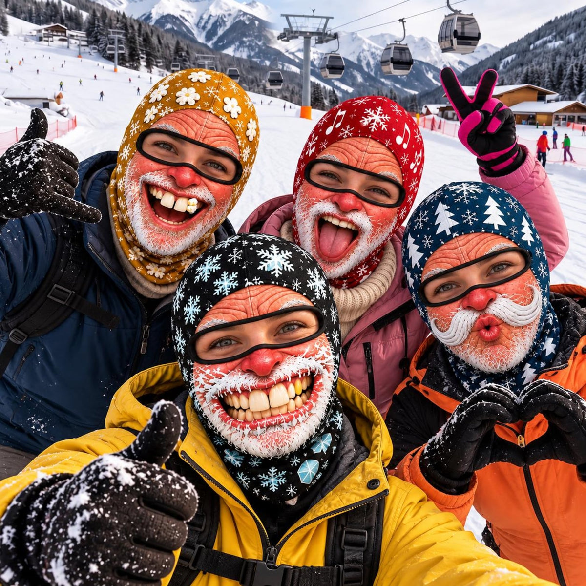 MollyTee Funny Christmas Santa Face Ski Mask Crazy Smiling Mustache & Tongue Out Snowflake Holiday Print Full Face Balaclava (5 Faces)