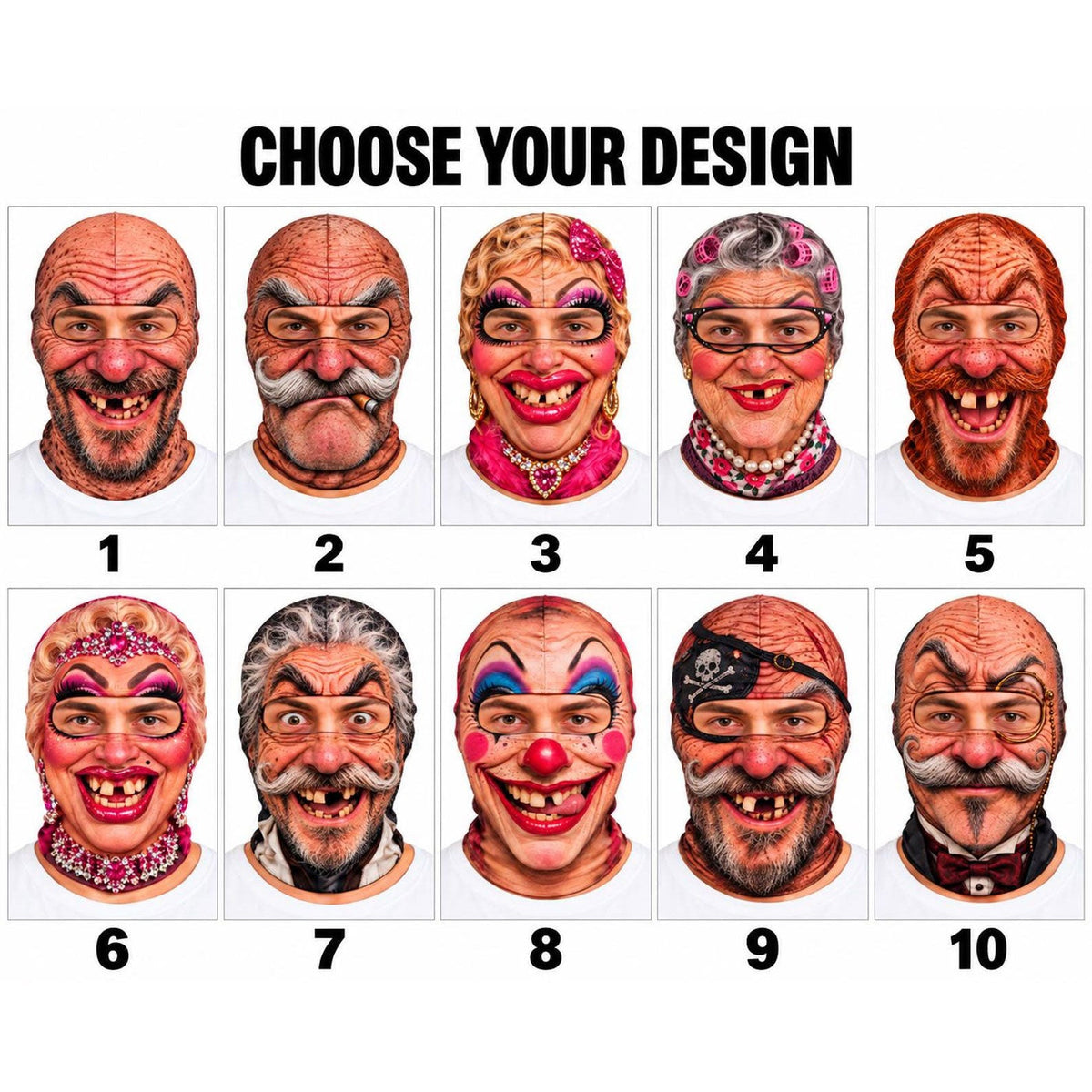 MollyTee Funny Ugly Face Ski Mask Crazy Old Man Missing Teeth Mustache Grandma Clown & Pirate Expressions Full Face Balaclava (10 faces)