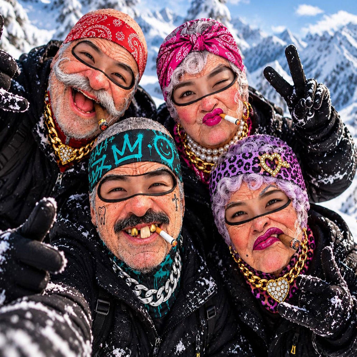 MollyTee Funny Gangster Old Man & Grandma Face Ski Mask Gold Chains Cigars Missing Teeth & Hip Hop Expressions Full Face Balaclava (5 faces)