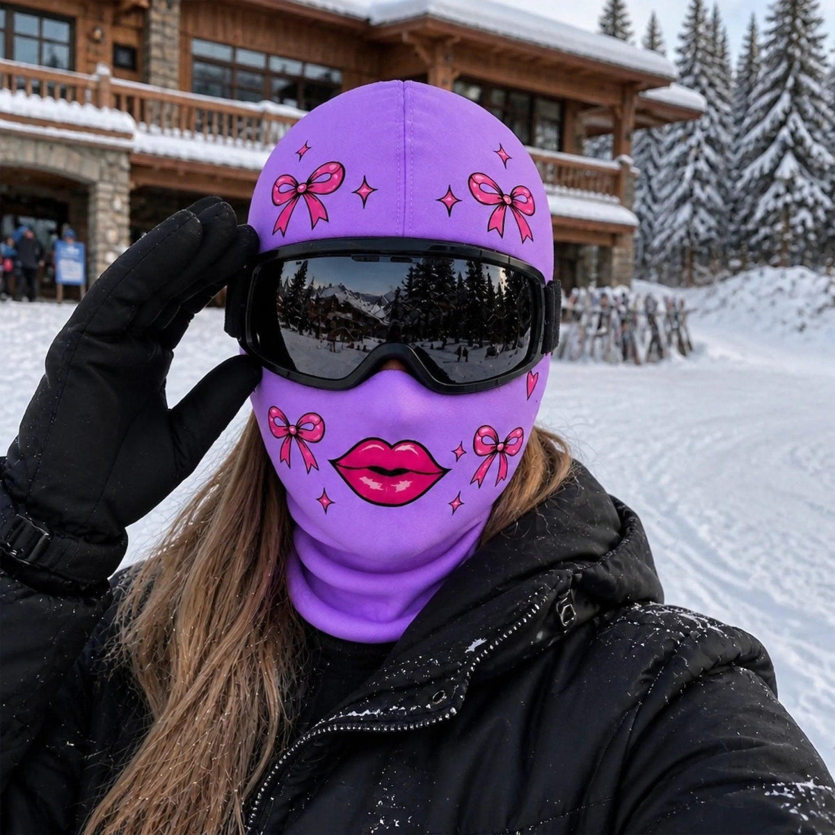 MollyTee Funny Girly Face Ski Mask Pink Purple Lips Bows & Sparkles Print Full Face Balaclava – Women's Winter Skiing Snowboarding Face Cover