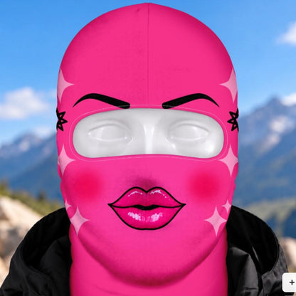 MollyTee Funny Girly Face Ski Mask Pink Purple Lips Bows & Sparkles Print Full Face Balaclava – Women's Winter Skiing Snowboarding Face Cover