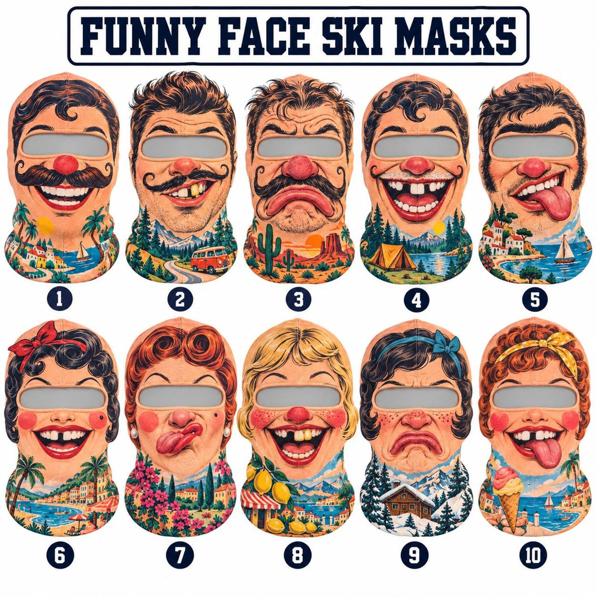 MollyTee Funny Cartoon Face Ski Mask Retro Clown Mustache Big Lips & Goofy Expressions Full Face Balaclava (10 faces)