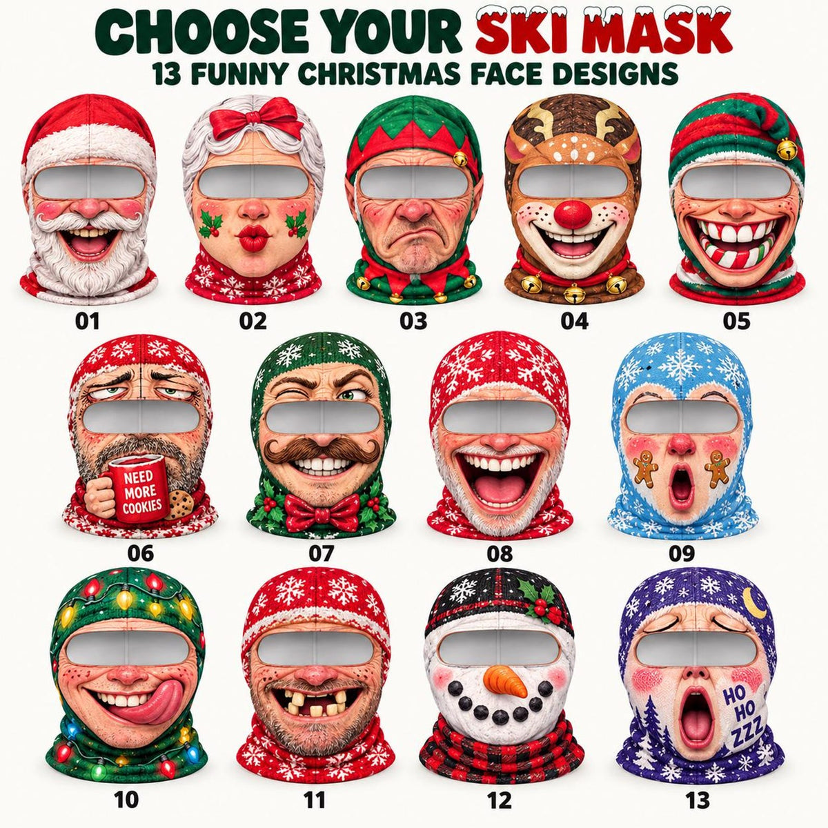 MollyTee Funny Christmas Face Ski Mask Santa Claus Snowman & Holiday Lights Print Full Face Balaclava (13 faces)