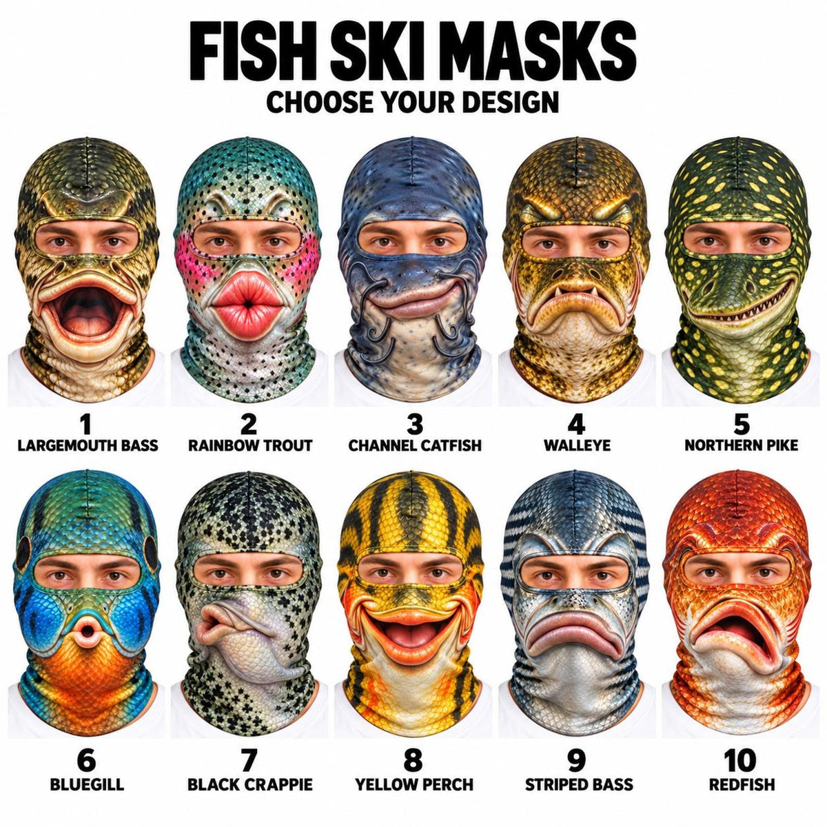 MollyTee Funny Fish Face Ski Mask Largemouth Bass Rainbow Trout Catfish Walleye Northern Pike & Freshwater Fish Full Face Balaclava (10 fish masks)