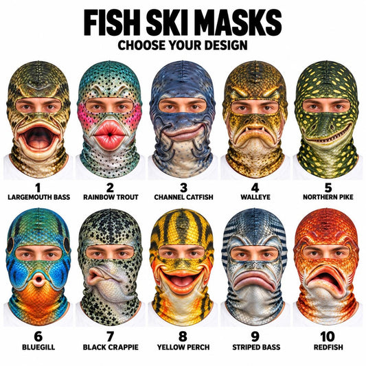 MollyTee Funny Fish Face Ski Mask Largemouth Bass Rainbow Trout Catfish Walleye Northern Pike & Freshwater Fish Full Face Balaclava (10 fish masks)