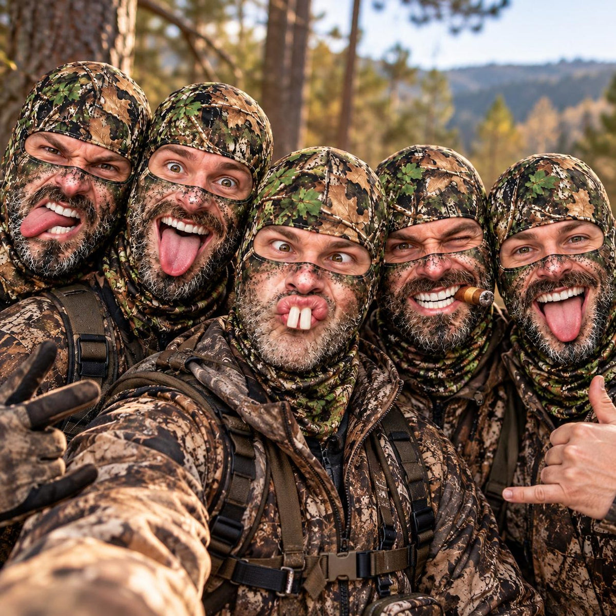 MollyTee Funny Face Realistic Forest Camo 3D Face Balaclava – Hunting & Outdoor Full-Face Mask (5 Faces)
