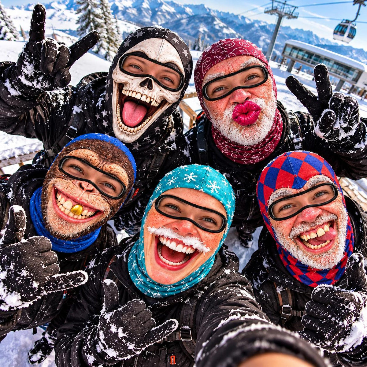 MollyTee Funny Crazy Face Ski Mask Skull Monkey Big Lips Santa Beard & Hilarious Expressions Full Face Balaclava (5 faces)