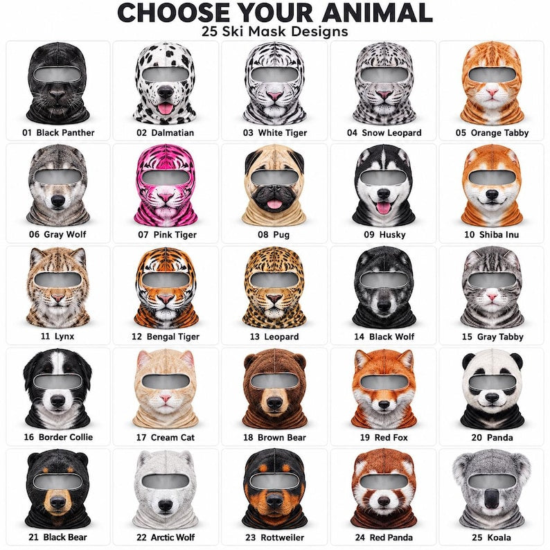 MollyTee Animal Snowboard Mask Balaclava Face Mask (25 animals)