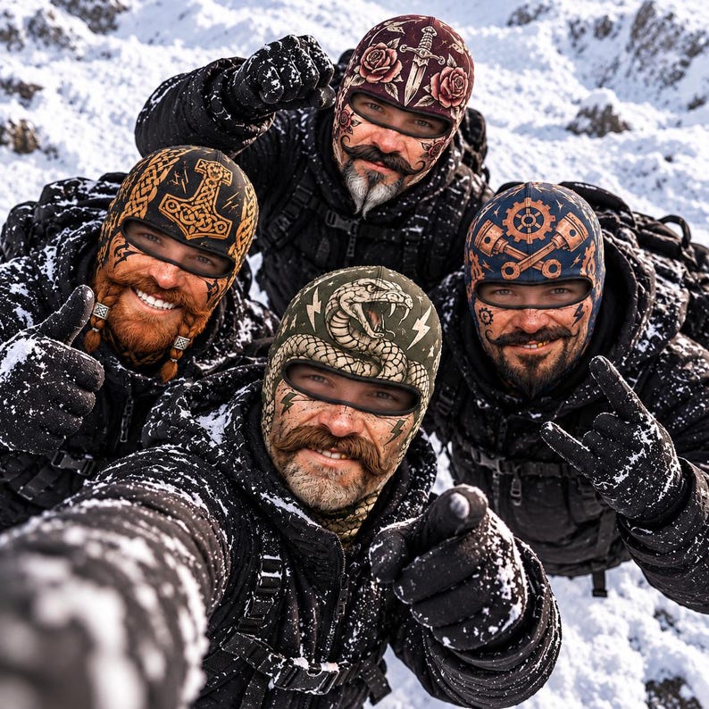 MollyTee Funny Realistic Bearded Man Face Ski Mask Viking Snake Skull Western & Mechanic Tattoo Print Full Face Balaclava (5 types)