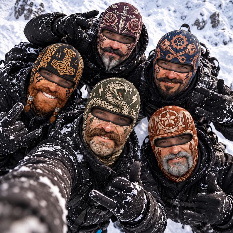 MollyTee Funny Realistic Bearded Man Face Ski Mask Viking Snake Skull Western & Mechanic Tattoo Print Full Face Balaclava (5 types)