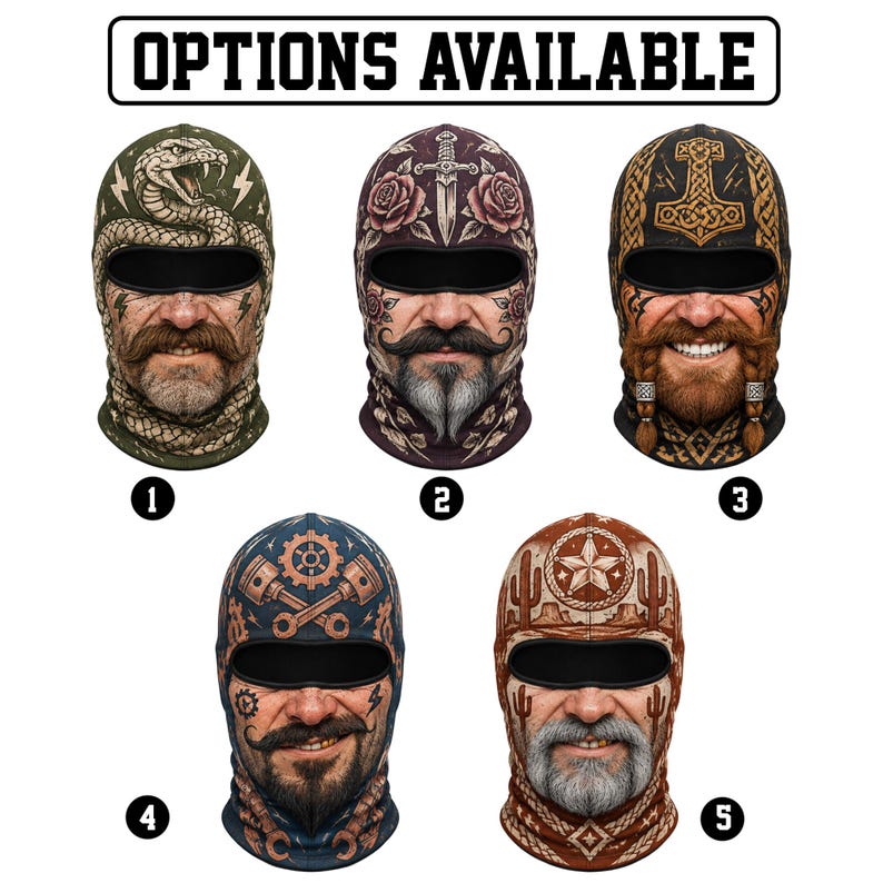MollyTee Funny Realistic Bearded Man Face Ski Mask Viking Snake Skull Western & Mechanic Tattoo Print Full Face Balaclava (5 types)