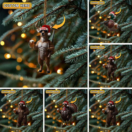 MollyTee Deer Hunter Muscle Santa Hat Beer Mug Personalized Name Christmas Ornament - image 1