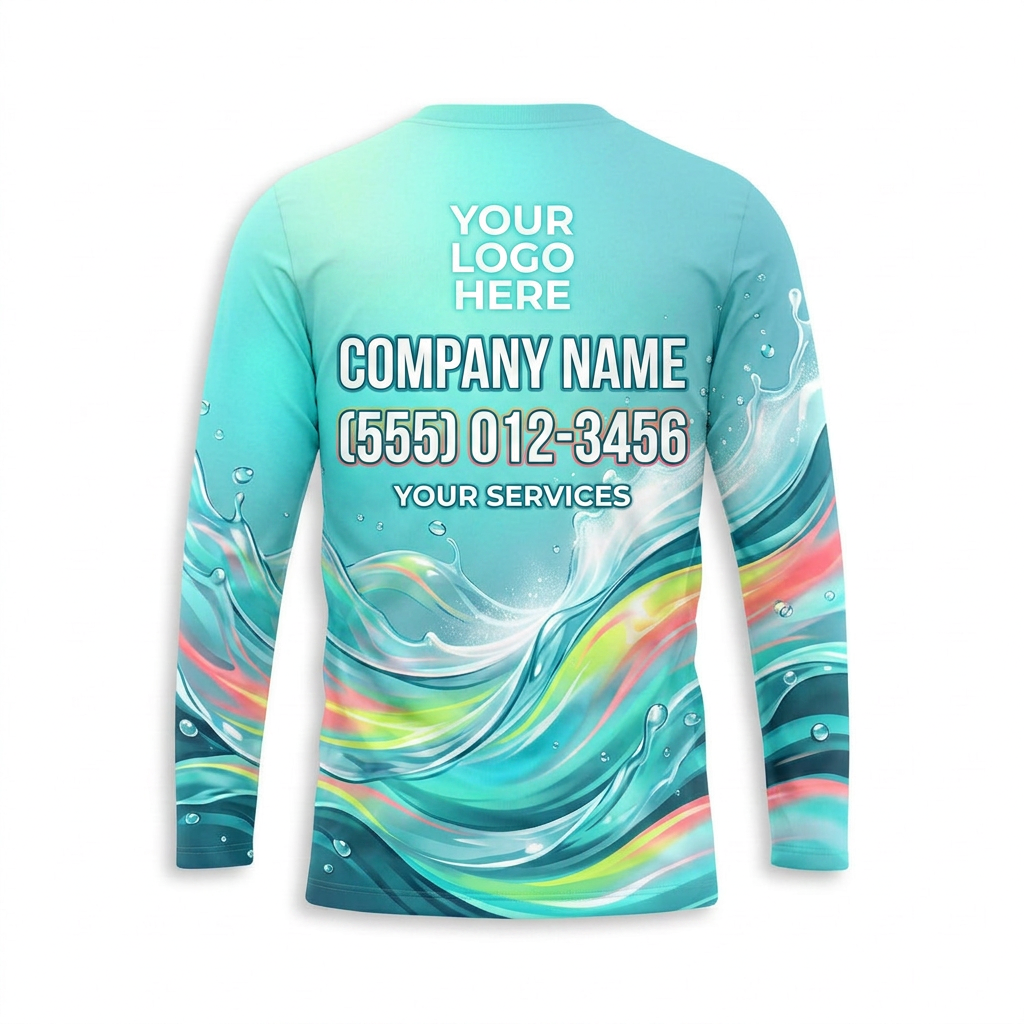 Custom Aqua Rainbow Wave Uniform Pressure Washing Shirt - Back View