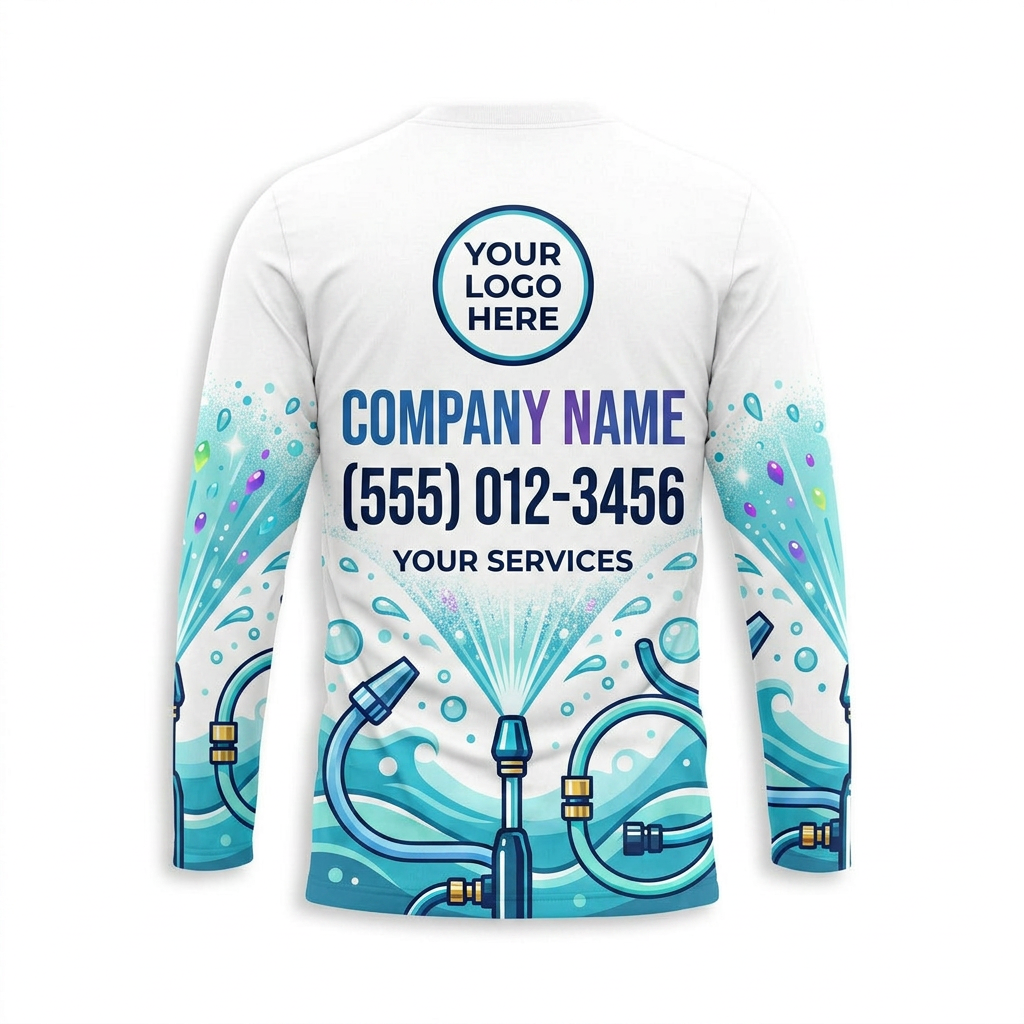 Custom Aqua Spray Burst Uniform Pressure Washing Shirt - Back View