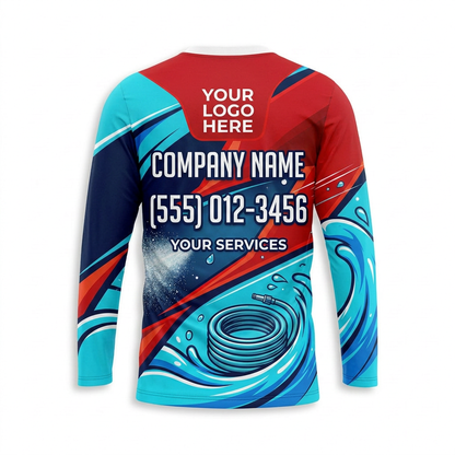 Custom Aqua Red Jet Uniform Pressure Washing Shirt - Back View