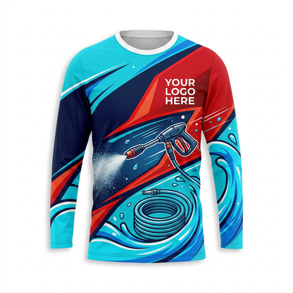 Custom Aqua Red Jet Uniform Pressure Washing Shirt - Front View
