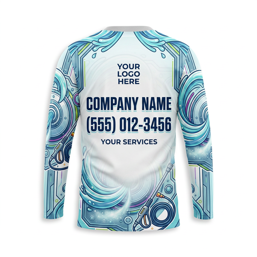 Custom Aqua Hose Coil Uniform Pressure Washing Shirt - Back View