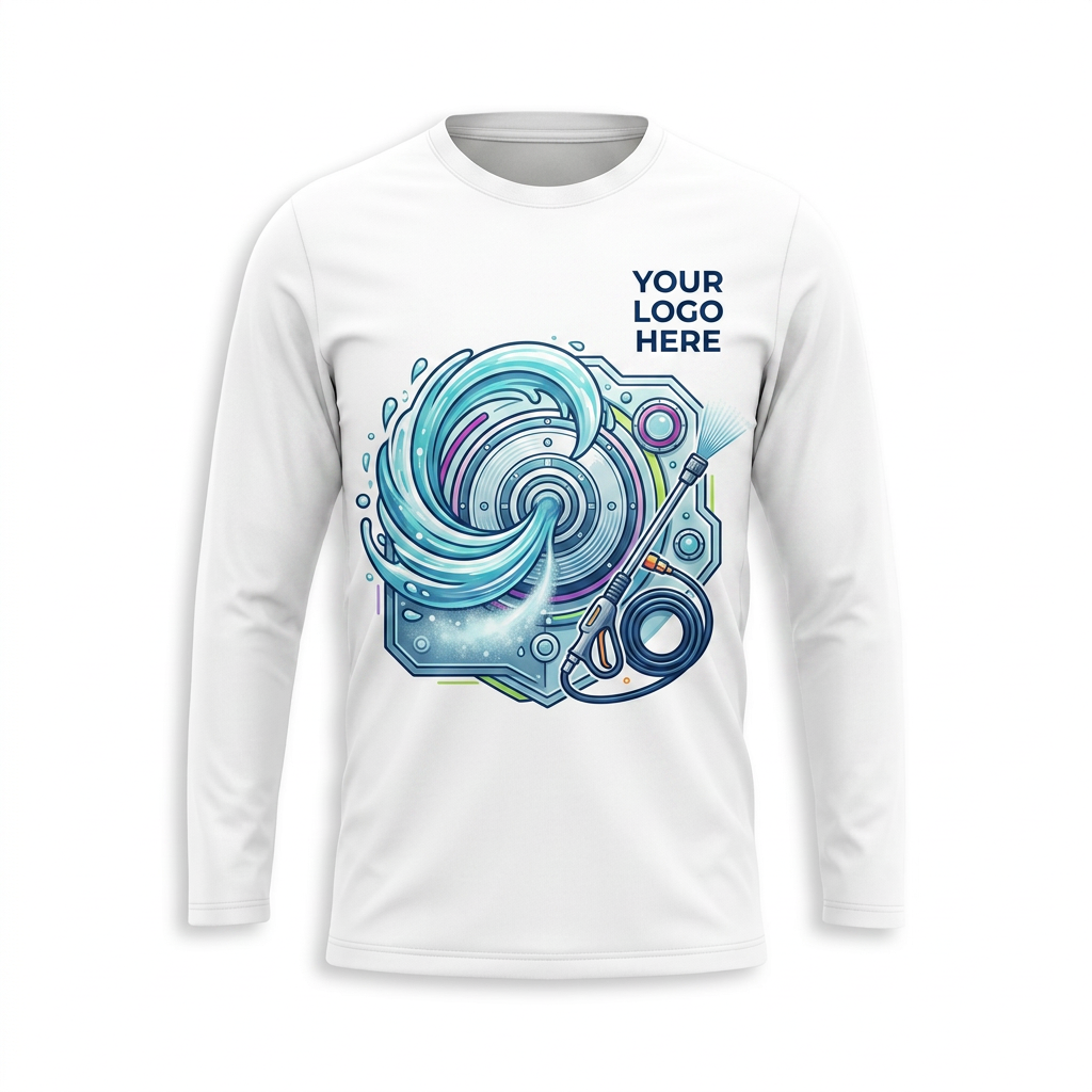 Custom Aqua Hose Coil Uniform Pressure Washing Shirt - Front View