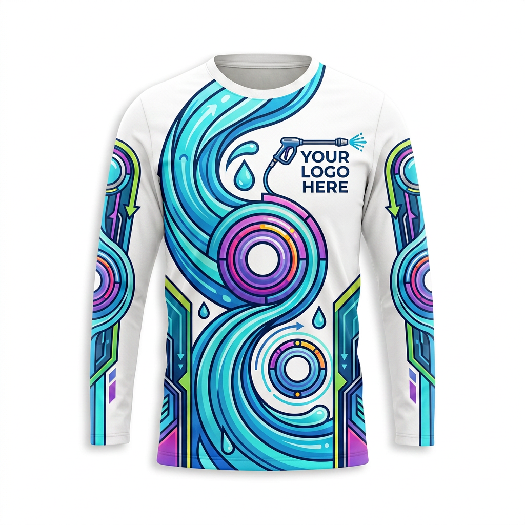 Custom Aqua Orbit Swirl Uniform Pressure Washing Shirt - Front View