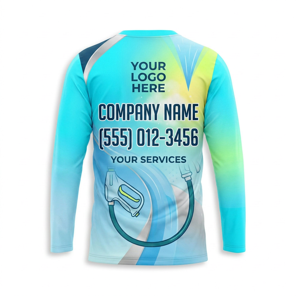 Custom Aqua Gradient Spray Uniform Pressure Washing Shirt - Back View