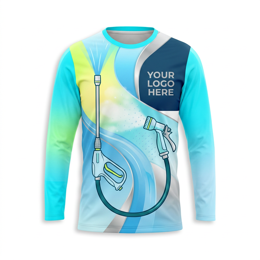 Custom Aqua Gradient Spray Uniform Pressure Washing Shirt - Front View