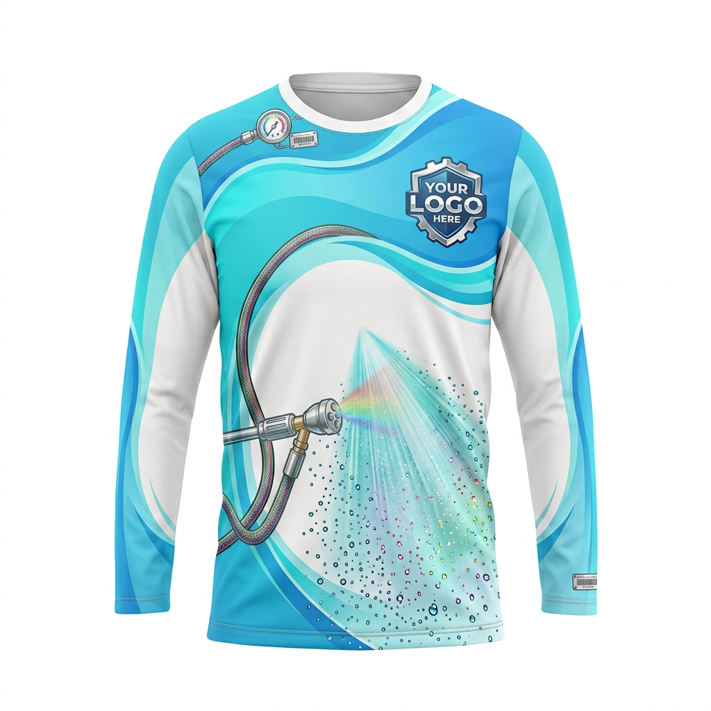 Custom Aqua Mist Crest Uniform Pressure Washing Shirt - Front View