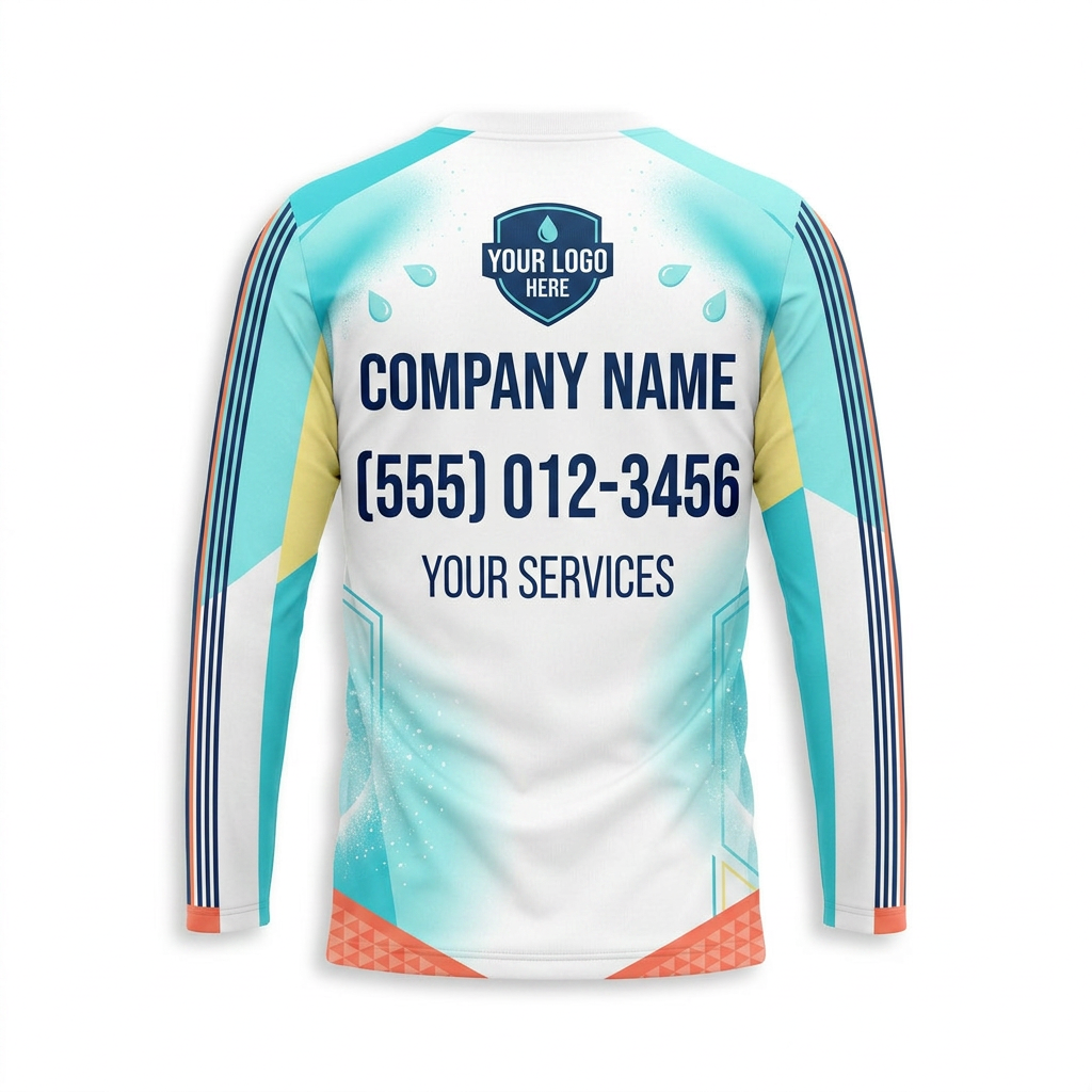 Custom Aqua Geometric Spray Uniform Pressure Washing Shirt - Back View