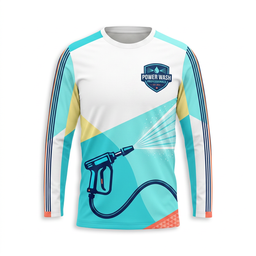 Custom Aqua Geometric Spray Uniform Pressure Washing Shirt - Front View