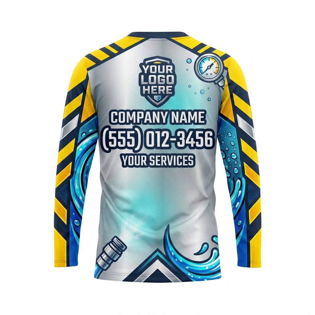Custom Hazard Stripe Power Wash Uniform Pressure Washing Shirt - Back View