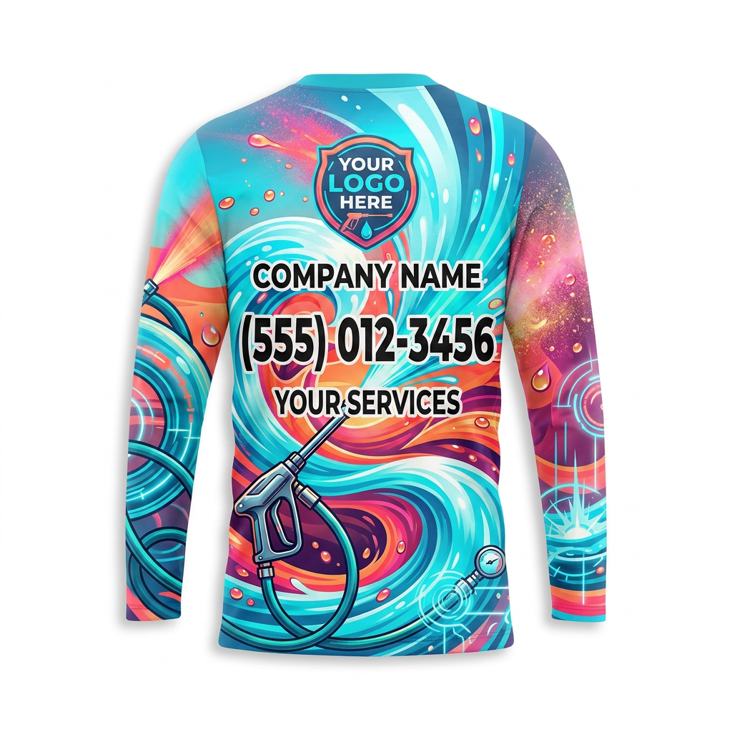 Custom Coral Aqua Vortex Uniform Pressure Washing Shirt - Back View