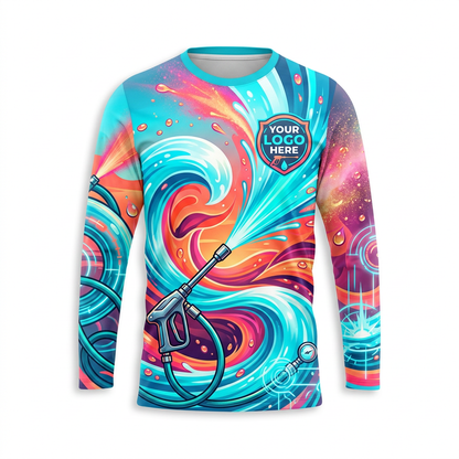 Custom Coral Aqua Vortex Uniform Pressure Washing Shirt - Front View