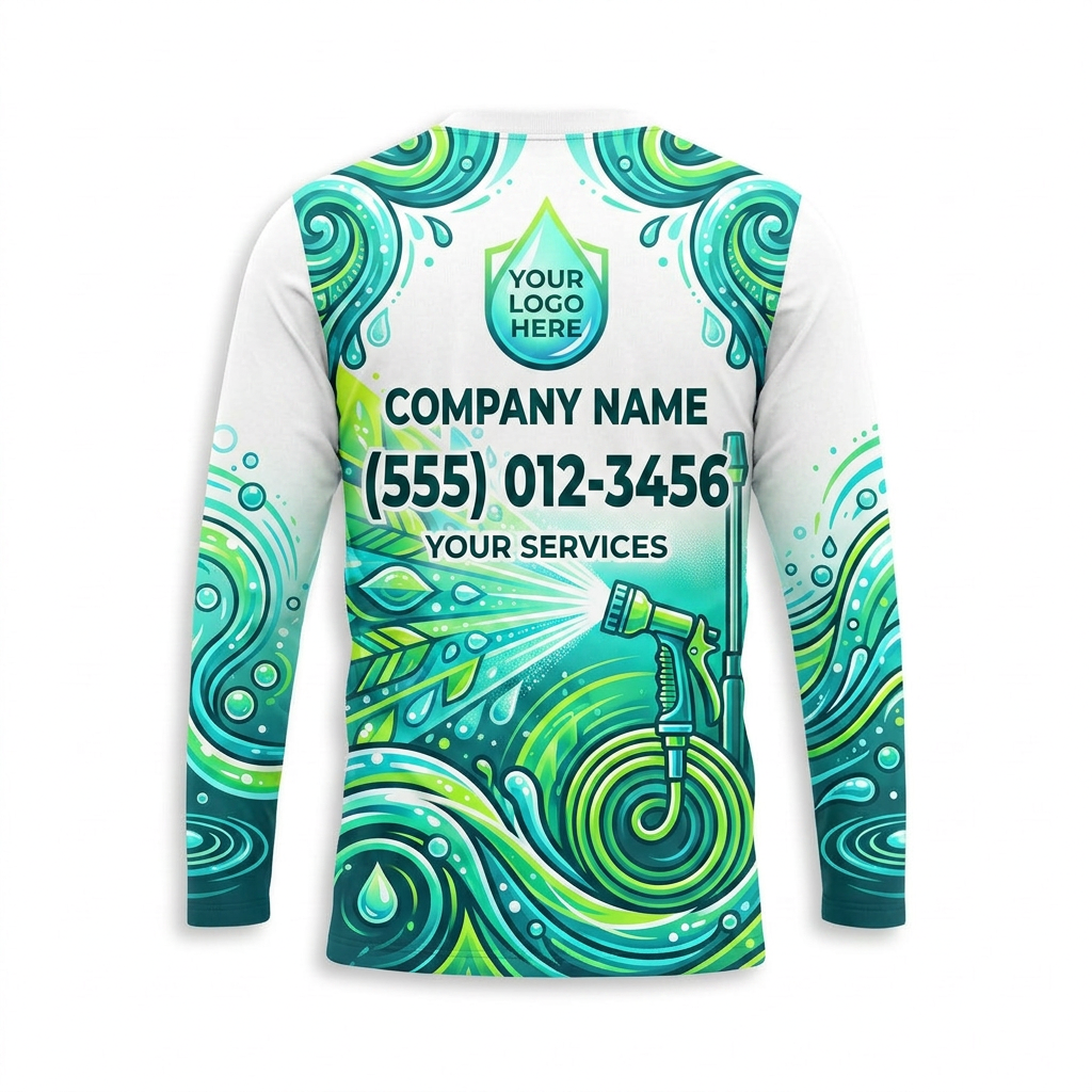 Custom Green Aqua Spray Uniform Pressure Washing Shirt - Back View